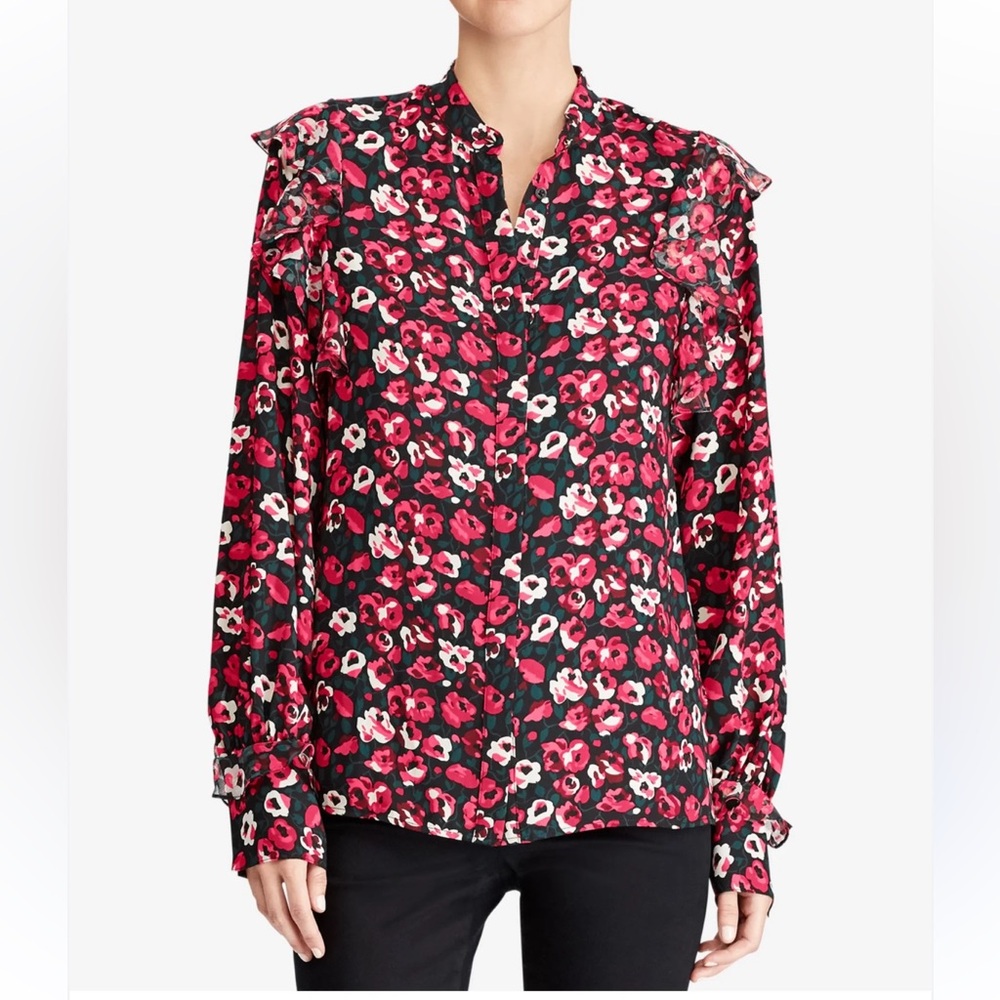 Ralph Lauren Size Large Elegant Floral Red and Black Blouse Ruffle Details